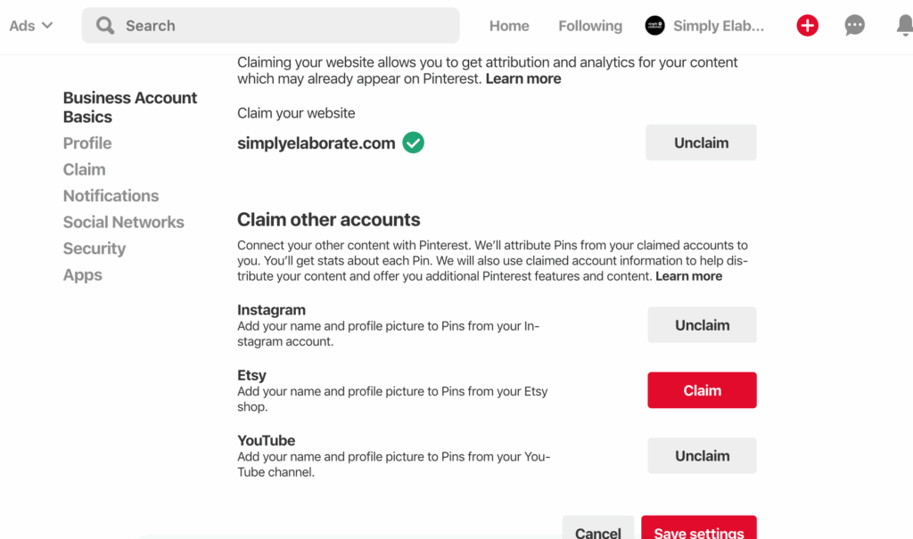 Screenshot of step in how to claim your website on pinterest.