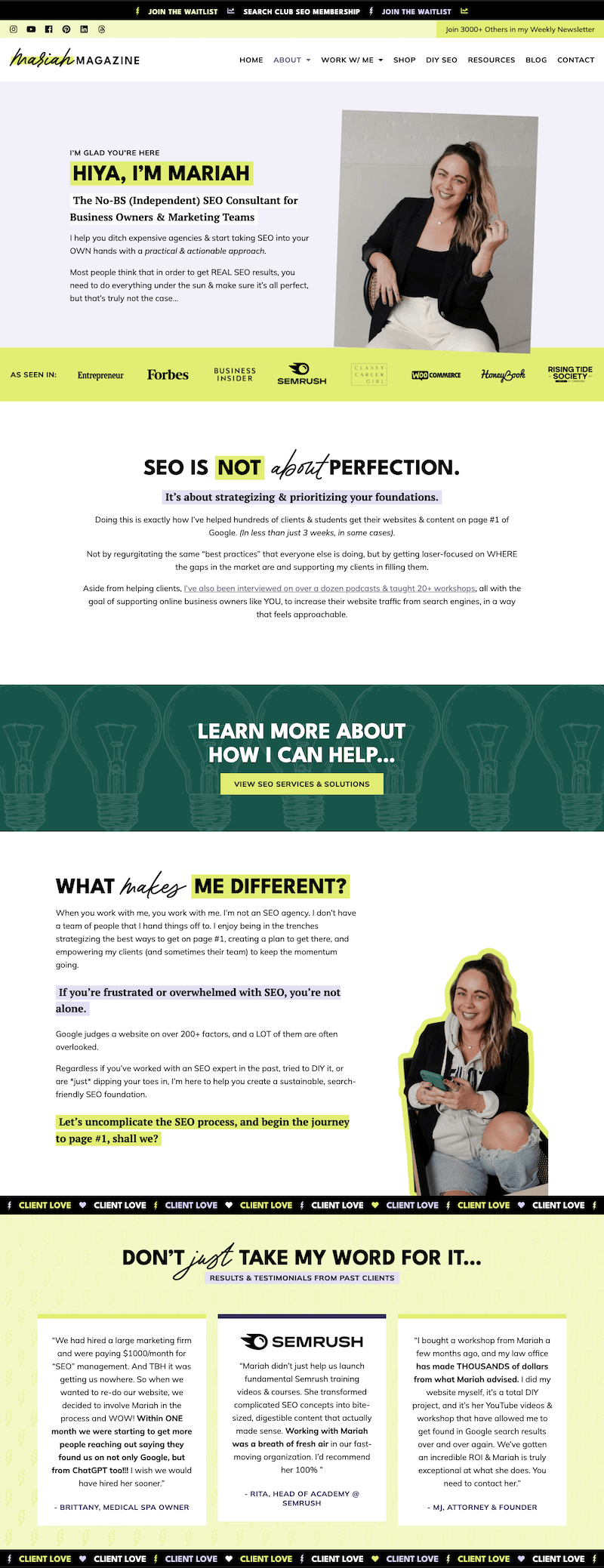 Mariah Magazine website about page designed and developed by The Launch It Co.