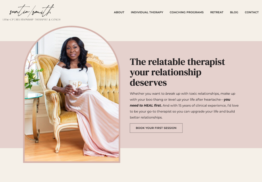 Screenshot of Suntia Smith's website desinged and developed by The Launch It Co.